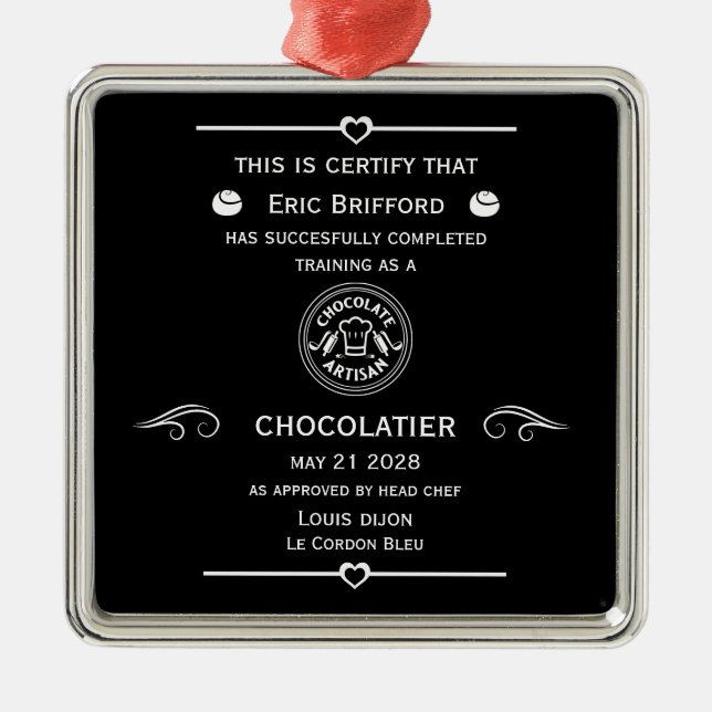 Chocolatier Maker Certificate Metal Tree Decoration (Front)
