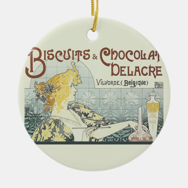 Chocoloate Art Nouveau Woman Ceramic Tree Decoration (Front)