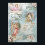 Choir of Vintage Christmas Winter Angels Collage<br><div class="desc">Charming collage of beautiful Victorian angels,  snow-covered pine,  roses,  holly,  Christmas music,  typography,  evergreens and rustic rural landscapes bordered with delicate white filigree on light sky blue background.</div>