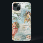 Choir of Vintage Christmas Winter Angels Collage iPhone 13 Case<br><div class="desc">Charming collage of beautiful Victorian angels,  snow-covered pine,  roses,  holly,  Christmas music,  typography,  evergreens and rustic rural landscapes bordered with delicate white filigree on light sky blue background.</div>