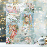 Choir of Vintage Christmas Winter Angels Collage Holiday Card<br><div class="desc">Charming collage of beautiful Victorian angels,  snow-covered pine,  roses,  holly,  Christmas music,  typography,  evergreens and rustic rural landscapes bordered with delicate white filigree on light sky blue background.</div>