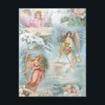 Choir of Vintage Christmas Winter Angels Collage Holiday Postcard<br><div class="desc">Charming collage of beautiful Victorian angels,  snow-covered pine,  roses,  holly,  Christmas music,  typography,  evergreens and rustic rural landscapes bordered with delicate white filigree on light sky blue background.</div>