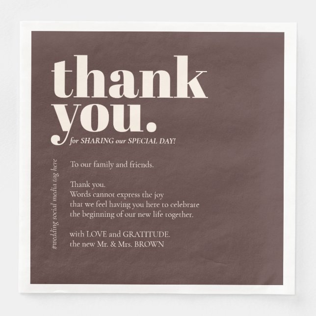 Cholate Brown Thank Minimalist Decor Wedding Napkin (Front)
