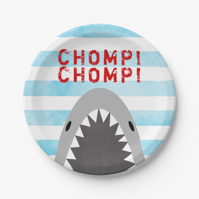 Chomp Chomp Shark Theme Birthday Boy striped Jaws Paper Plate (Front)