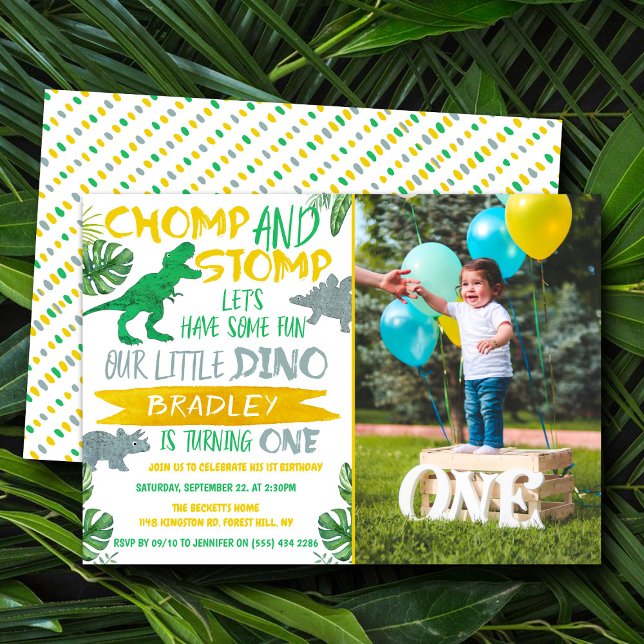 Chomp & Stomp! Dinosaur Boys 1st Birthday Photo Invitation (Creator Uploaded)