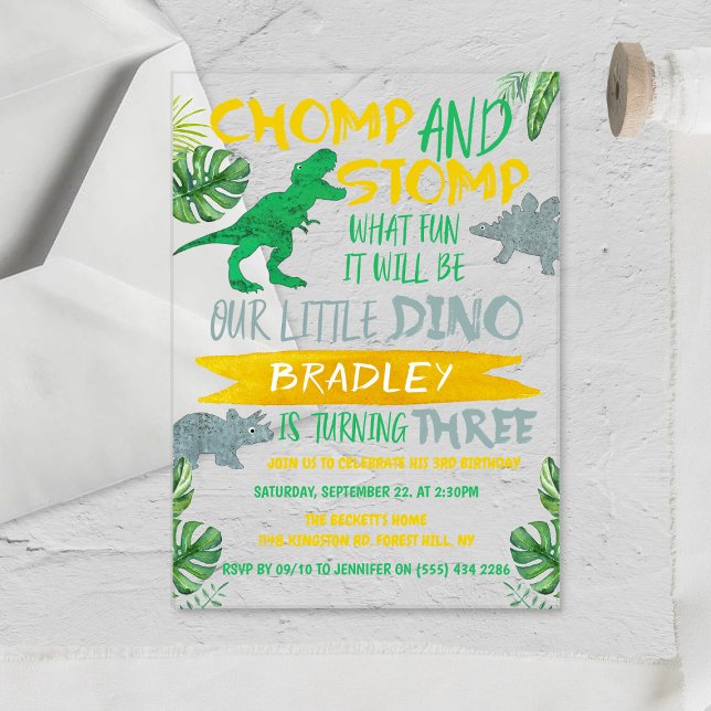 Chomp & Stomp! Dinosaur Boys 3rd Birthday Acrylic Invitations (Creator Uploaded)