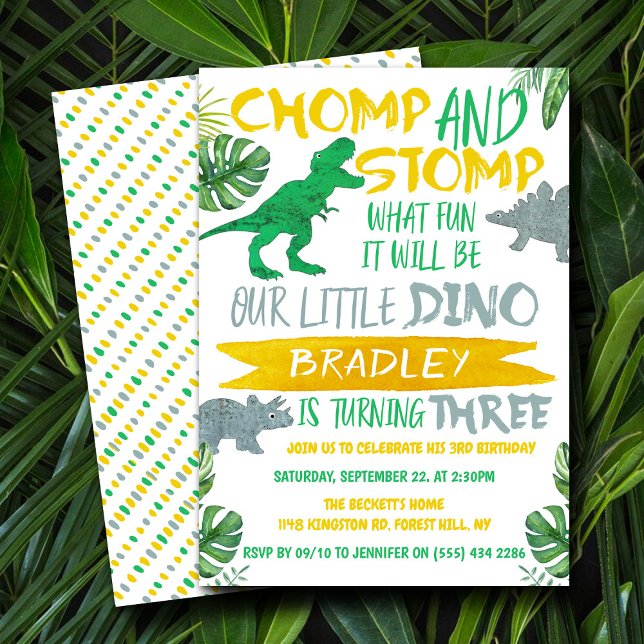 Chomp & Stomp! Dinosaur Boys 3rd Birthday Invitation (Creator Uploaded)
