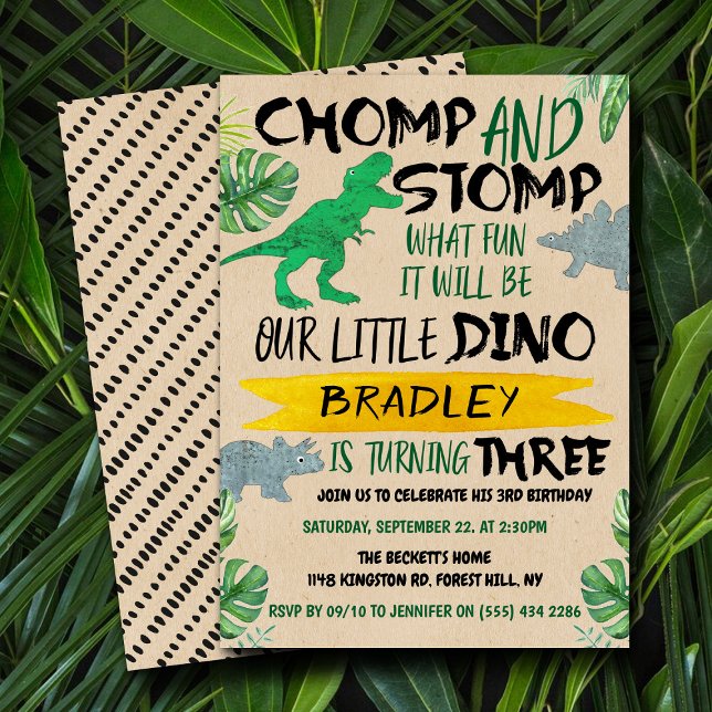 Chomp & Stomp! Dinosaur Boys 3rd Birthday Invitation (Creator Uploaded)