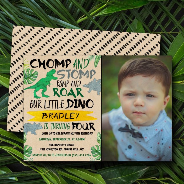 Chomp & Stomp! Dinosaur Boys 4th Birthday Photo Invitation (Creator Uploaded)