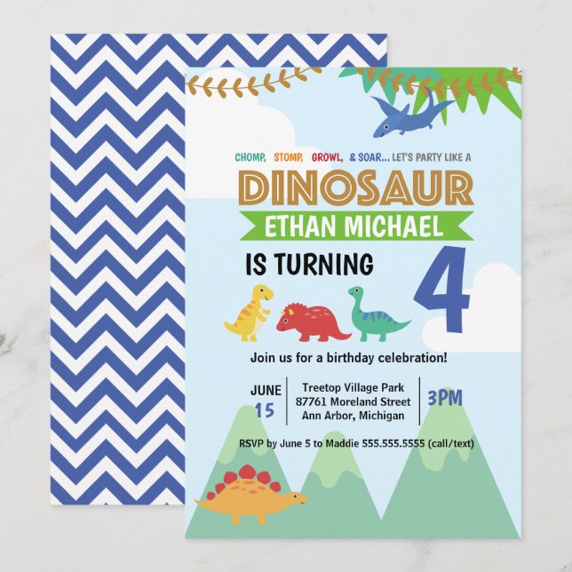 Chomp Stomp Growl Kids (Any Age) Dinosaur Birthday Invitation (Front/Back)