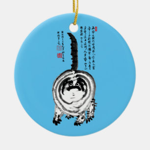 Chonky Striped Japanese Tabby Cat Ceramic Tree Decoration