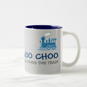 Choo Choo here comes the train navy & grey mug