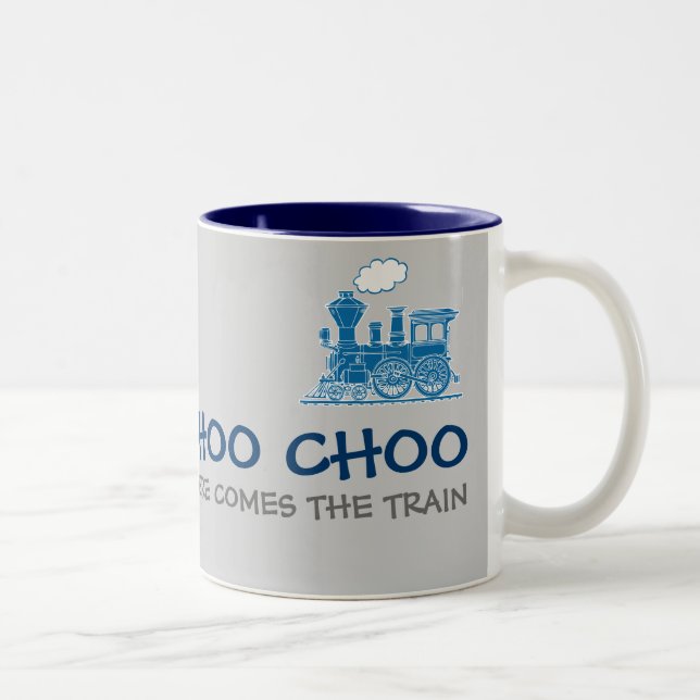 Choo Choo here comes the train navy & grey mug (Right)