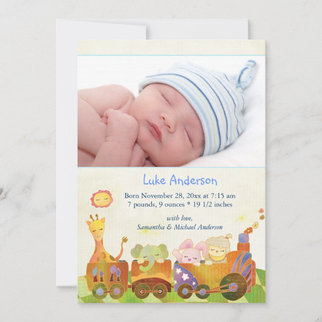 Choo Choo Train Baby Boy Photo Birth Announcement (Front)