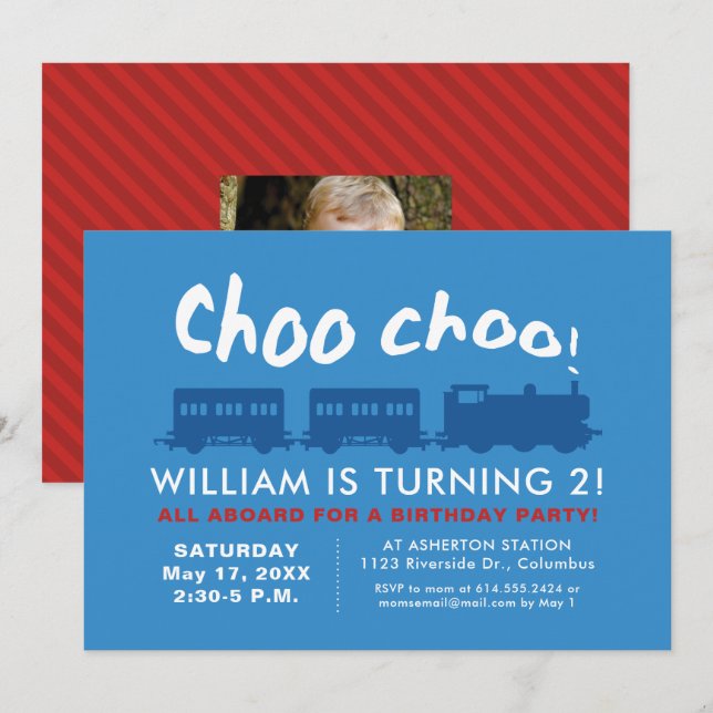 Choo choo train blue red children's birthday invitation (Front/Back)
