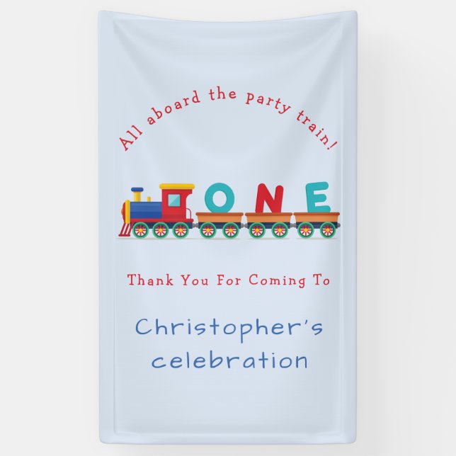 Choo Choo Train Boys 1st Birthday Blue Party Banne Banner (Vertical)