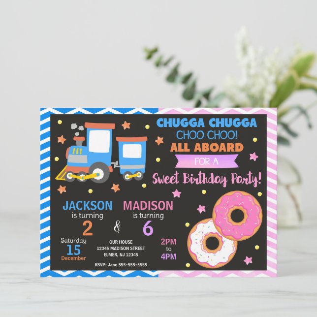 Choo Choo Train & Donuts Joint Birthday Invitation (Standing Front)
