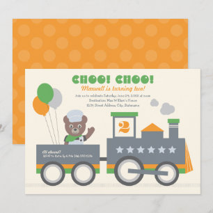 Choo Choo Train Orange Bear Conductor Birthday Invitation