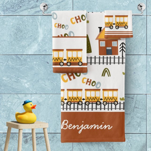 Choo Choo Train Pattern First Name Little Kid Bath Towel Set (Creator Uploaded)