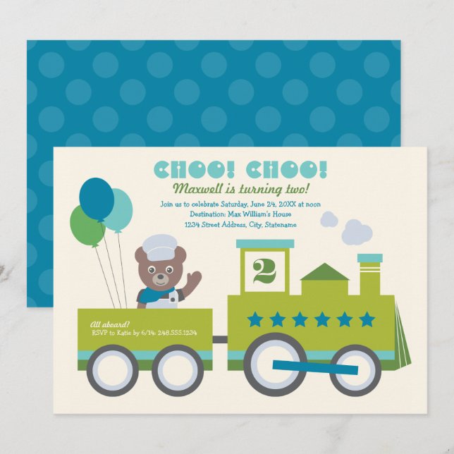 Choo Choo Train Teal Bear Birthday Party Invitation (Front/Back)