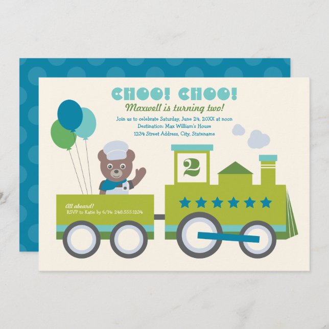 Choo Choo Train Teal Bear Conductor Birthday Party Invitation (Front/Back)