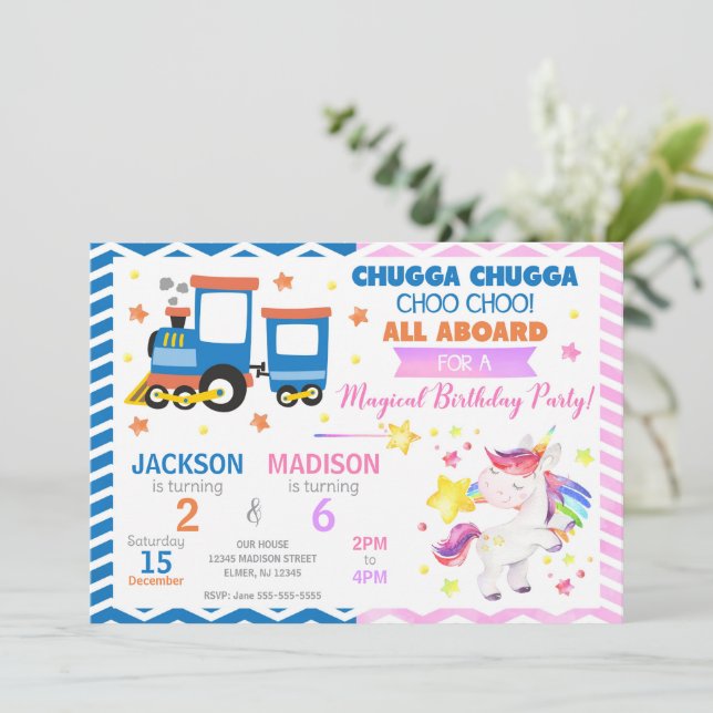 Choo Choo Train & Unicorn Joint Birthday Invitation (Standing Front)