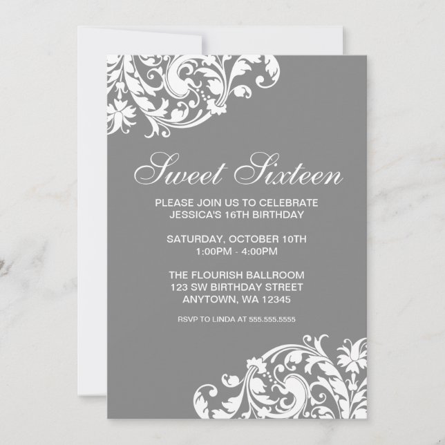 Choose Colour Swirl Flourish Sweet 16 Birthday Invitation (Front)