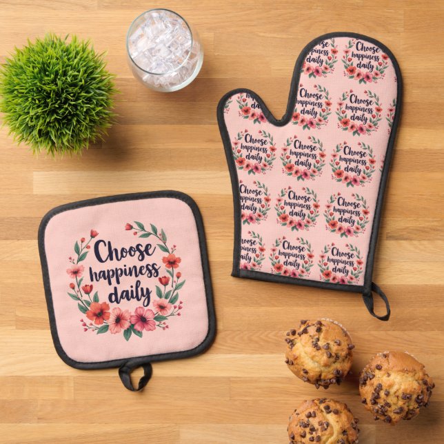 Choose Happiness Daily Floral Wreath Oven Mitt & Pot Holder Set (Top Down)