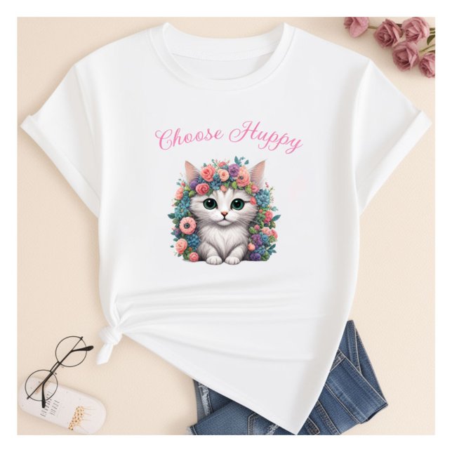 Choose Happy Cat print T-shirt  (Creator Uploaded)
