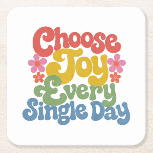 Choose Joy Every Single Day Retro Rainbow Square Paper Coaster