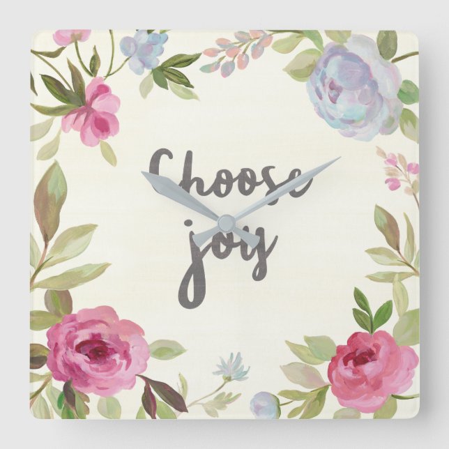 Choose Joy Pastel Floral Square Wall Clock (Front)