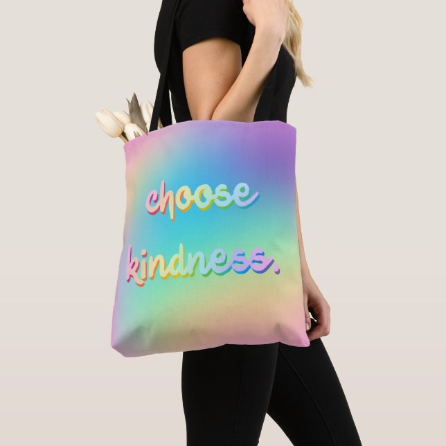 "Choose Kindness." Pastel Rainbow Gradient Tote (Close Up)