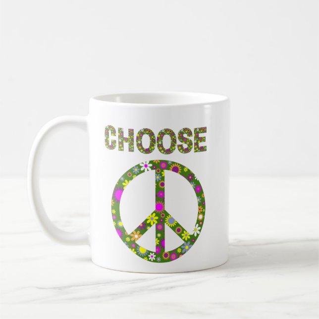 Choose Peace - Retro Flower Peace Sign Coffee Mug (Left)