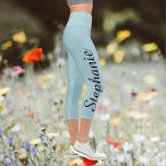 CHOOSE YOUR COLOR custom yoga capri leggings<br><div class="desc">CHOOSE YOUR COLOR custom yoga capri leggings! Printed edge to edge, with your name in large black script up one leg! Sample is robins egg blue, but you can easily customize to color of your choice. Also easy to change or delete example text. All Rights Reserved © 2020 Alan &...</div>