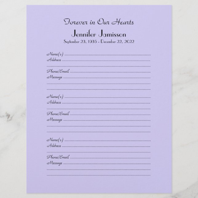 CHOOSE YOUR COLOR, Memorial Book Filler Page (Front)