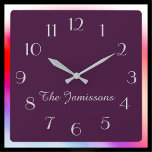 CHOOSE YOUR COLOR, Minimalist Purple Default Square Wall Clock<br><div class="desc">CHOOSE YOUR OWN BACKGROUND COLOR to decorate this personalized clock. Default is purple. You can easily change the text and background color - or keep my sophisticated minimalist aubergine and gray design. What a wonderful gift for an engagement, wedding, bridal shower, or new home. All Rights Reserved © 2014 Alan...</div>