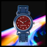 CHOOSE YOUR COLORS, Your Name, Kids Blue Wrist  Watch<br><div class="desc">This fun kids wrist watch with a blue silicone strap can be customised as you wish. You can CHOOSE YOUR OWN COLOR to replace the background on the watch face and you can make the text say whatever you want. Or keep my burgundy and white design. All Rights Reserved ©...</div>