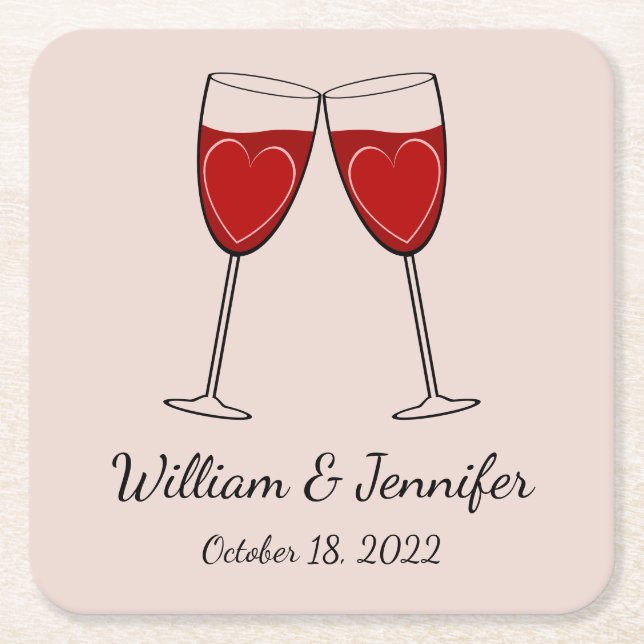 Choose Your Own Colour Wine Glass & Hearts Wedding Square Paper Coaster (Front)