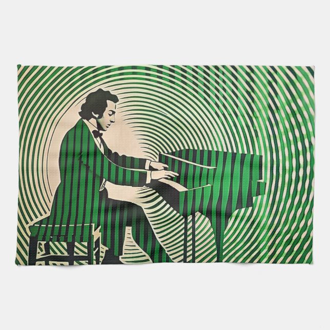 Chopin playing Piano in optical illusion style Tea Towel (Horizontal)