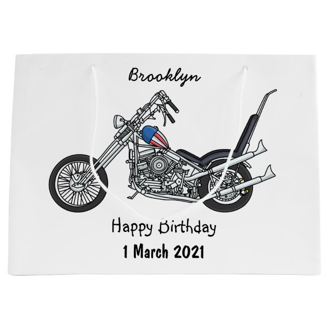 Chopper Motorcycle 1950 cartoon illustration Large Gift Bag (Front)
