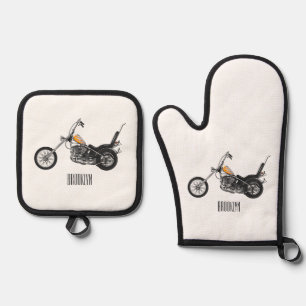 Chopper Motorcycle 1950 cartoon illustration Oven Mitt & Pot Holder Set