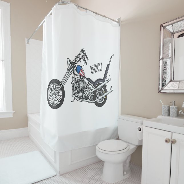 Chopper Motorcycle 1950 cartoon illustration Shower Curtain (In Situ)