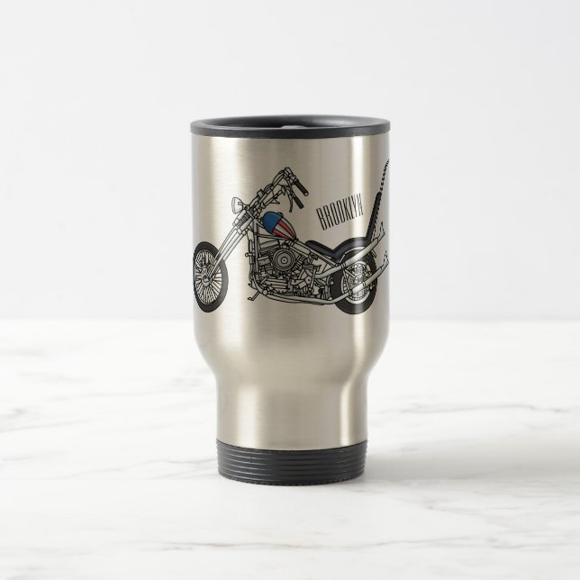Chopper Motorcycle 1950 cartoon illustration Travel Mug (Center)