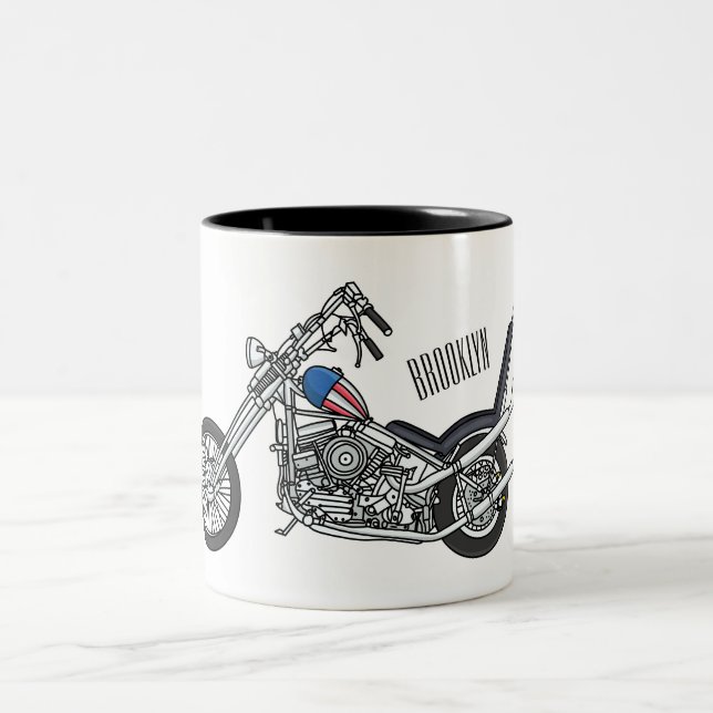 Chopper Motorcycle 1950 cartoon illustration Two-Tone Coffee Mug (Center)