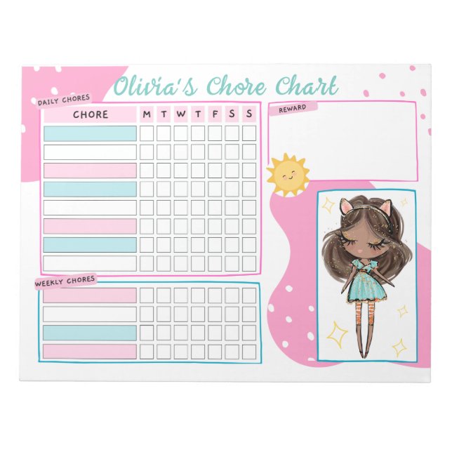 Chore Chart Reward Chart for Daily Routine Girl No Notepad (Front)