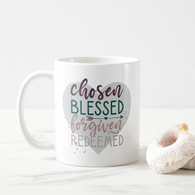 Chosen Blessed Forgiven Redeemed Christian Quote Coffee Mug (With Donut)