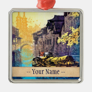 Chou Xing Hua Suzhou Scenery river sunset painting Metal Tree Decoration