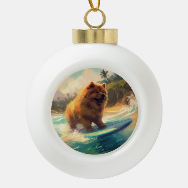Chow Chow Beach Surfing Painting Ceramic Ball Christmas Ornament (Front)