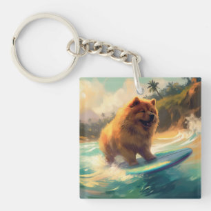 Chow Chow Beach Surfing Painting Key Ring
