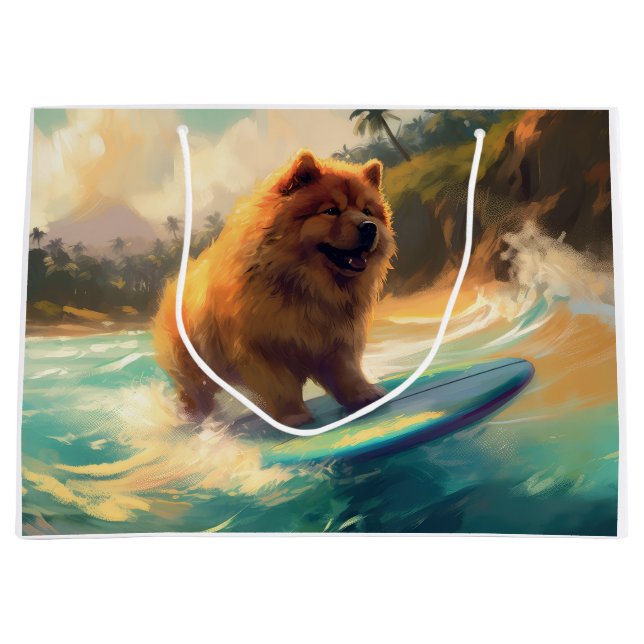 Chow Chow Beach Surfing Painting Large Gift Bag (Front)